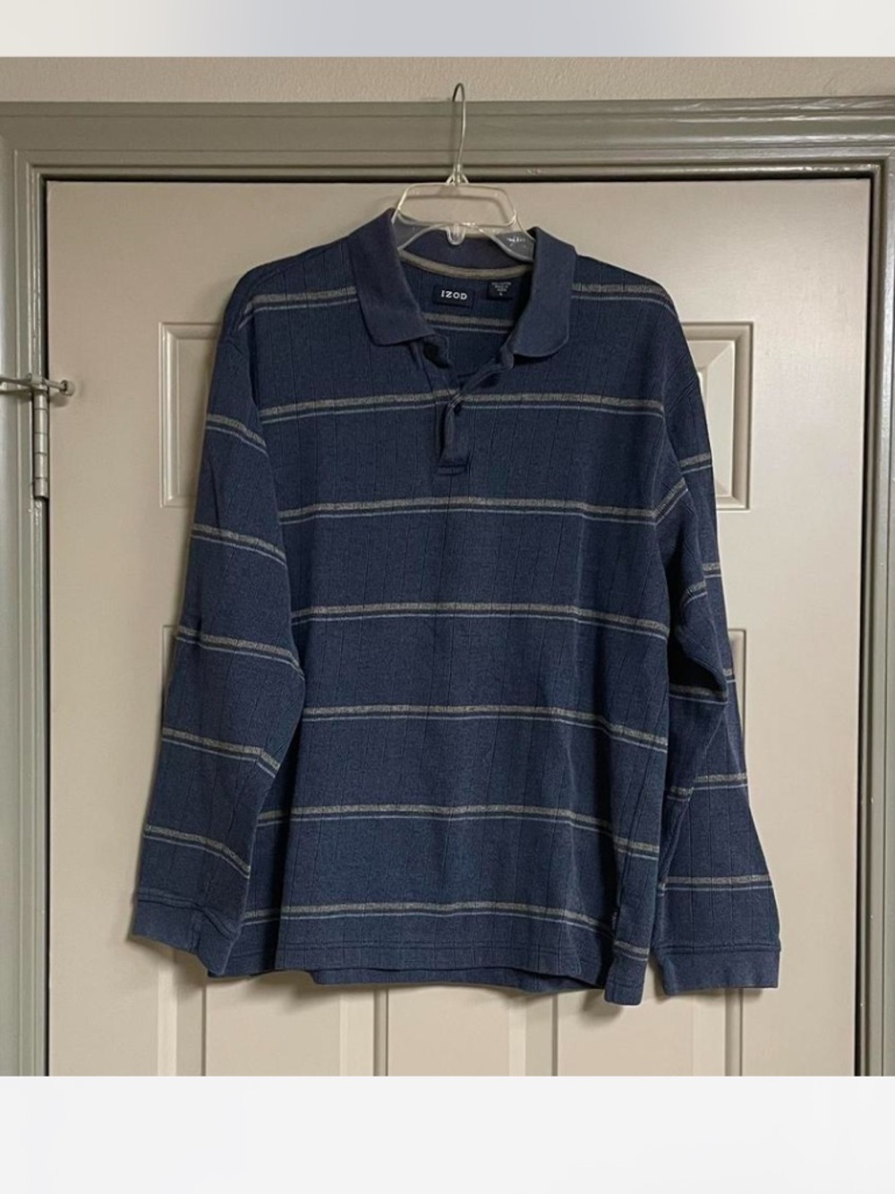 Izod Mens Size Large Bluish Gray with Yellow White Striped Long Sleeve Polo
